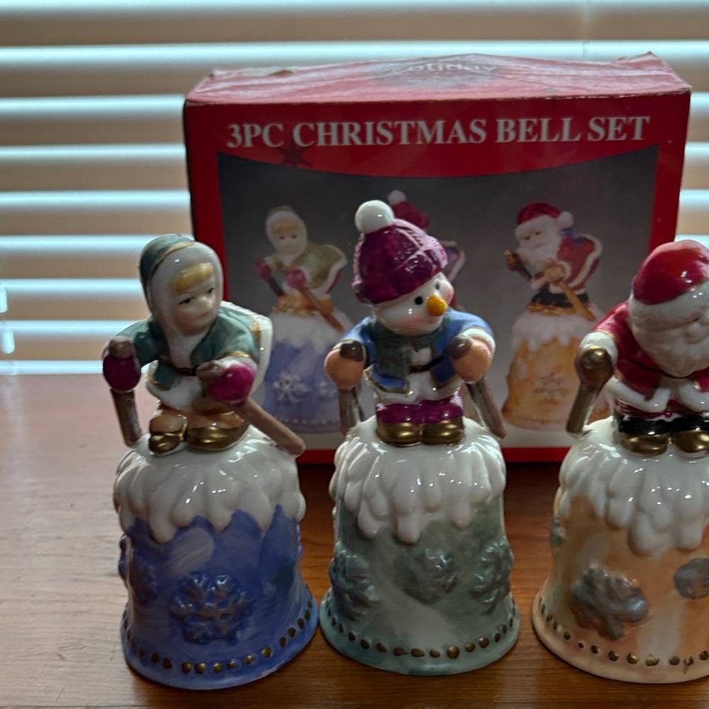 Festive Ceramic Bell Trio with Snowman, Santa, and Child
